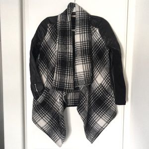 Black/white leather sleeved cascading jacket